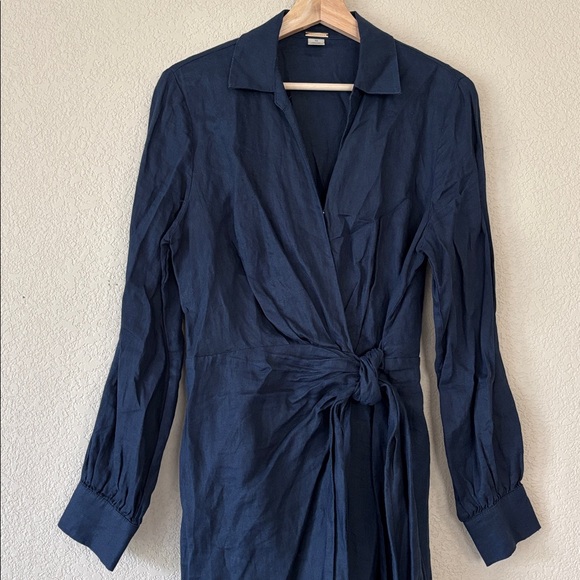 Magaschoni Wrap Dress Navy Blue 100% Linen Shirt Long Sleeve Classic Tie Waist - Picture 5 of 7